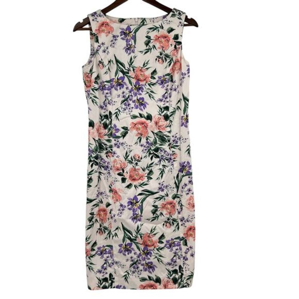 Talbots floral botanical print white career midi dress modest sheath summer 6